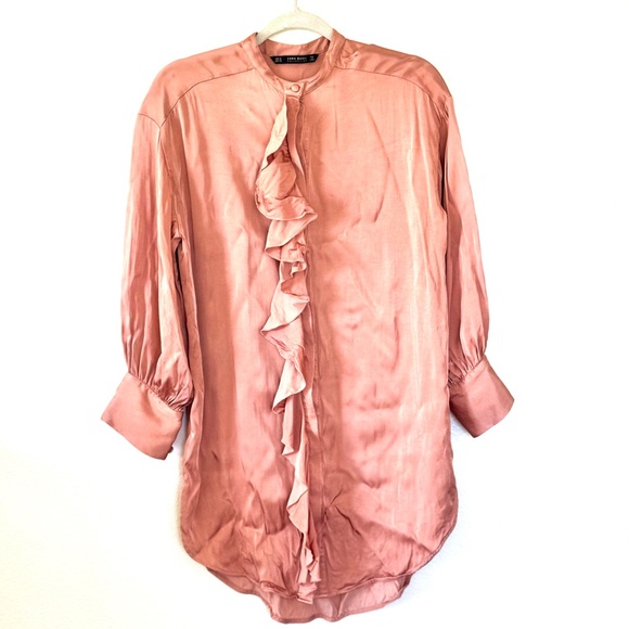 Zara Collection Rose Gold Blush Copper Ruffled Satin Shirt Dress Oversized M - Picture 2 of 11